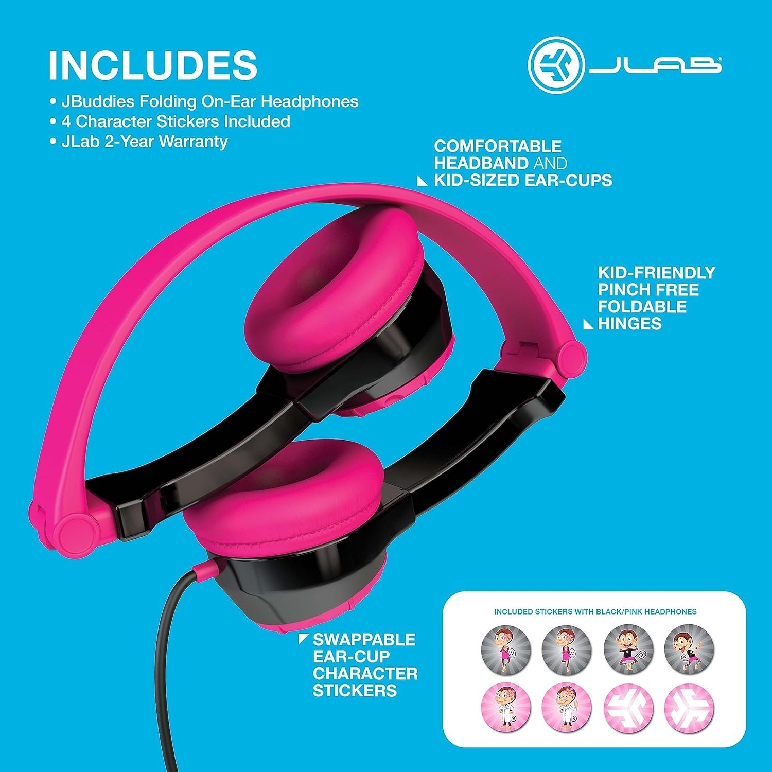 JLab JBuddies Kids headphones with volume limit, black, foldable (Black/Pink)