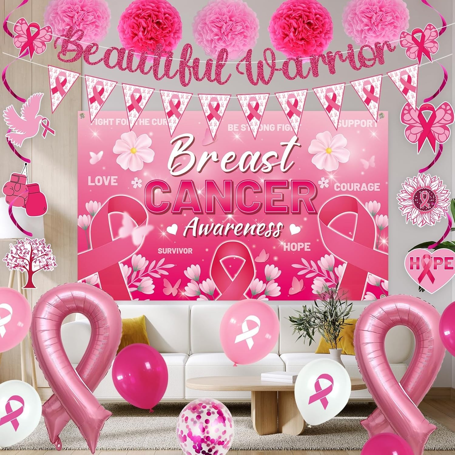 Breast Cancer Awareness Decorations,Pink Ribbon Hanging Swirls Breast Cancer