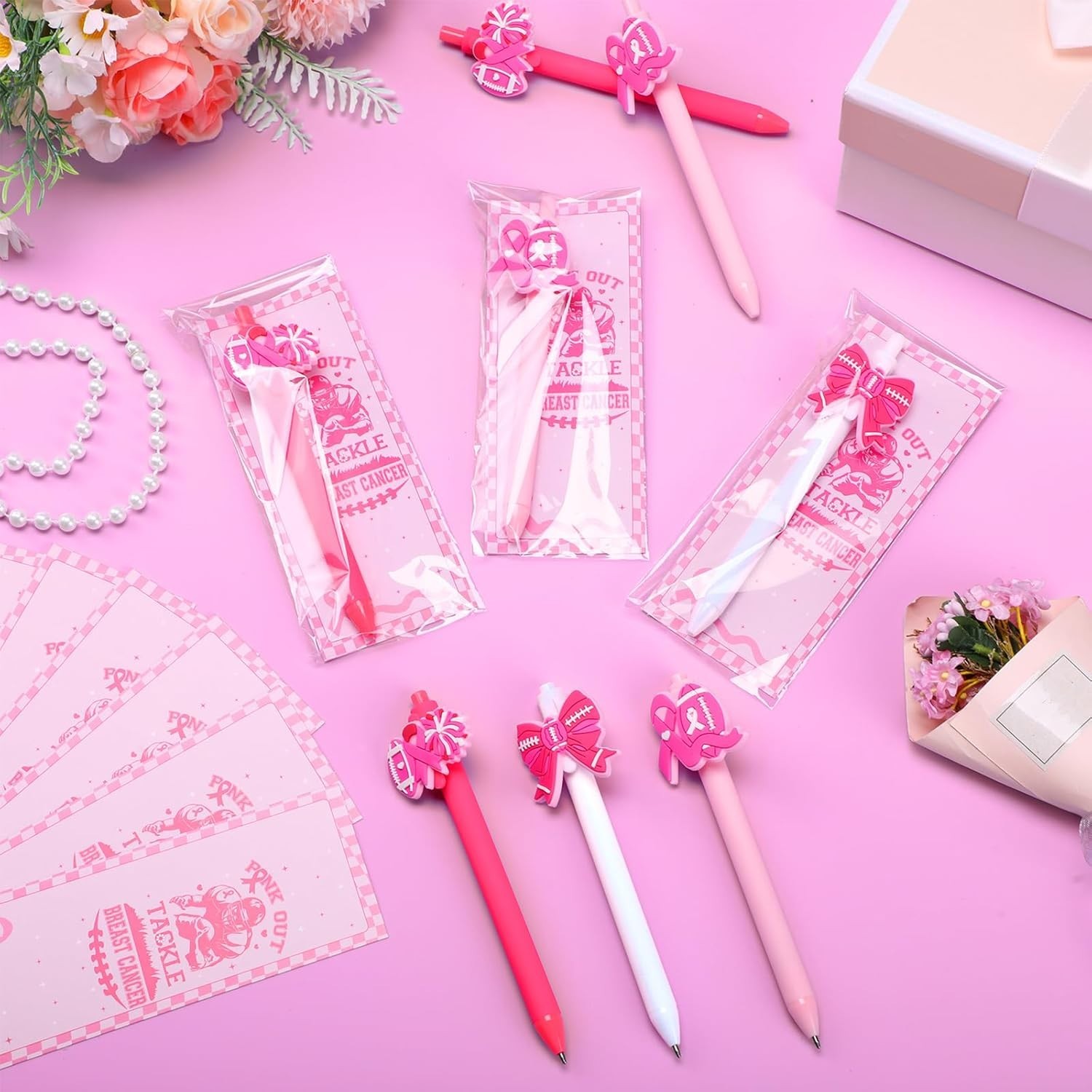 48 Sets of Breast Cancer Awareness Pens in Bulk, Football-Themed Pink Ribbon Pen