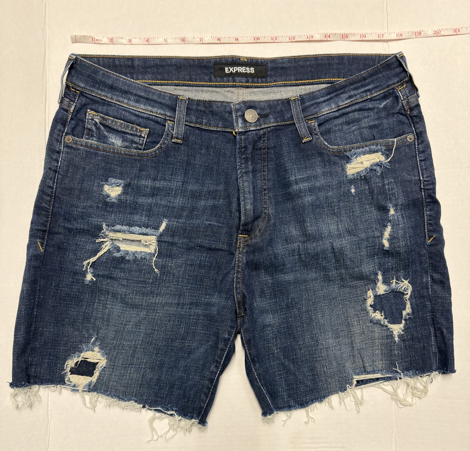 Express Bermuda Jean Shorts Mens 36 Stretch Slim Fit Distressed Holes Rips Denim