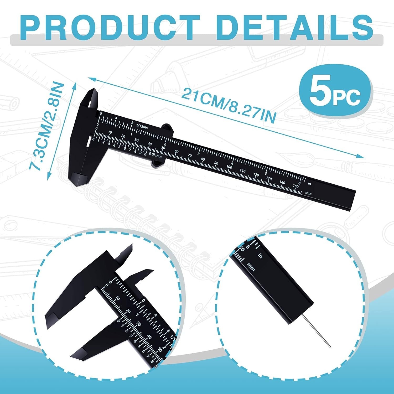 Vernier Caliper, 150mm 0.5mm High Accuracy Non Digital Caliper, Plastic Double - Imagen 4