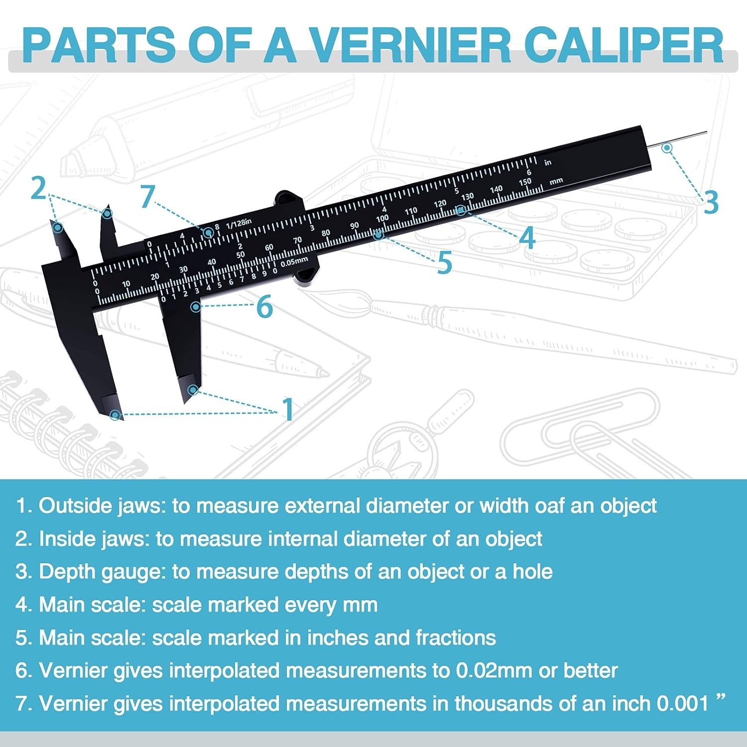 Vernier Caliper, 150mm 0.5mm High Accuracy Non Digital Caliper, Plastic Double - Imagen 5