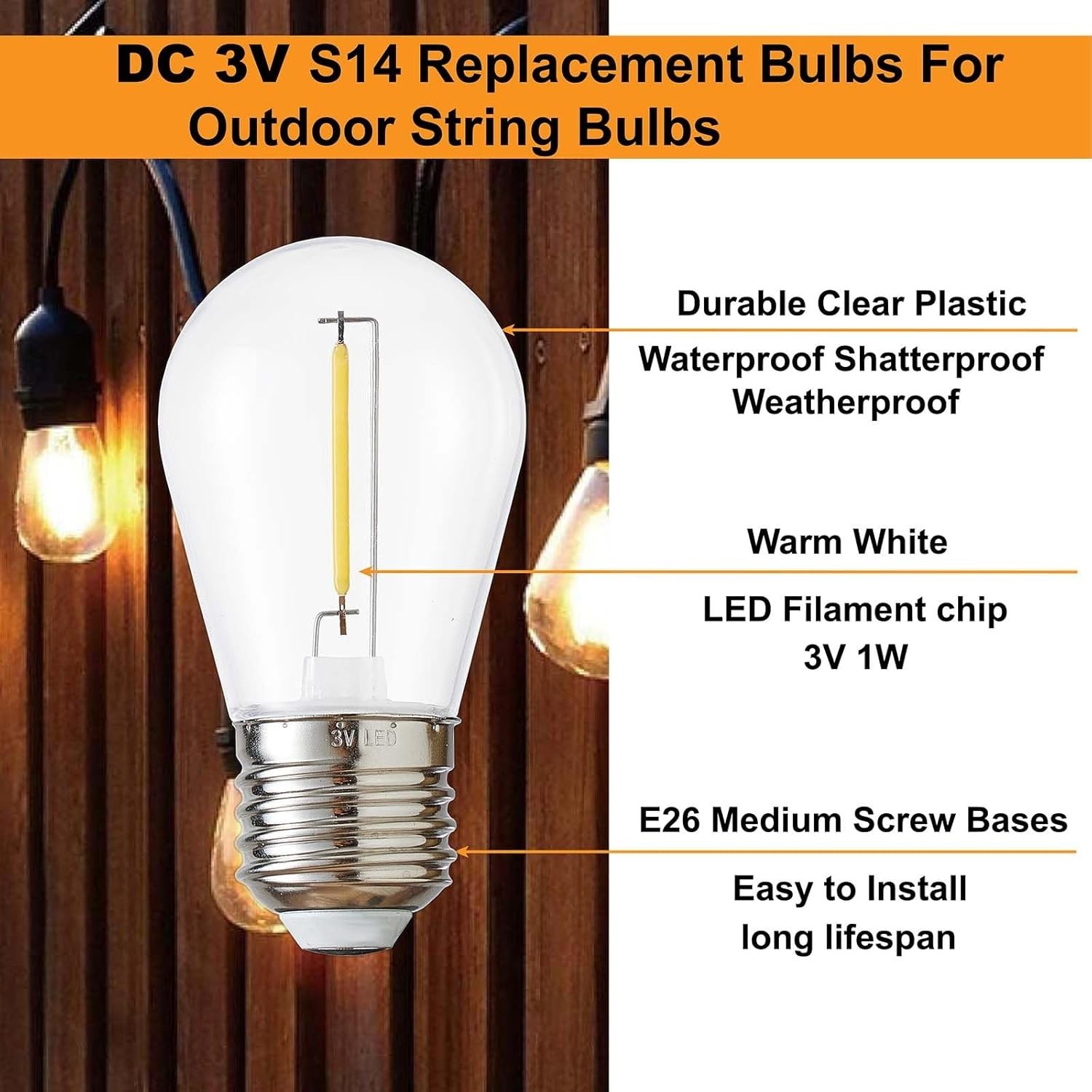DC 3V Low Voltage,Solar String Light Bulbs,Shatterproof Waterproof S14 LED Bulbs - Imagen 3