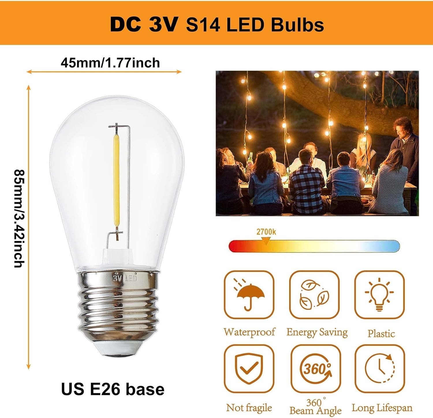 DC 3V Low Voltage,Solar String Light Bulbs,Shatterproof Waterproof S14 LED Bulbs - Imagen 5