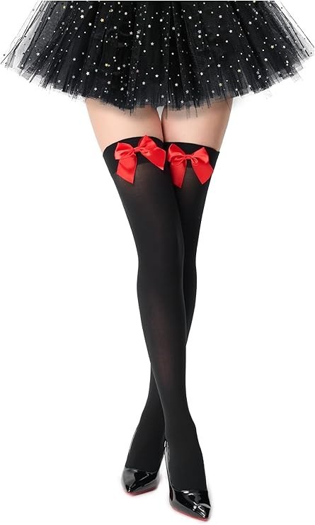 Women's thigh-high stockings with satin bows, snag-resistant, knee-high socks