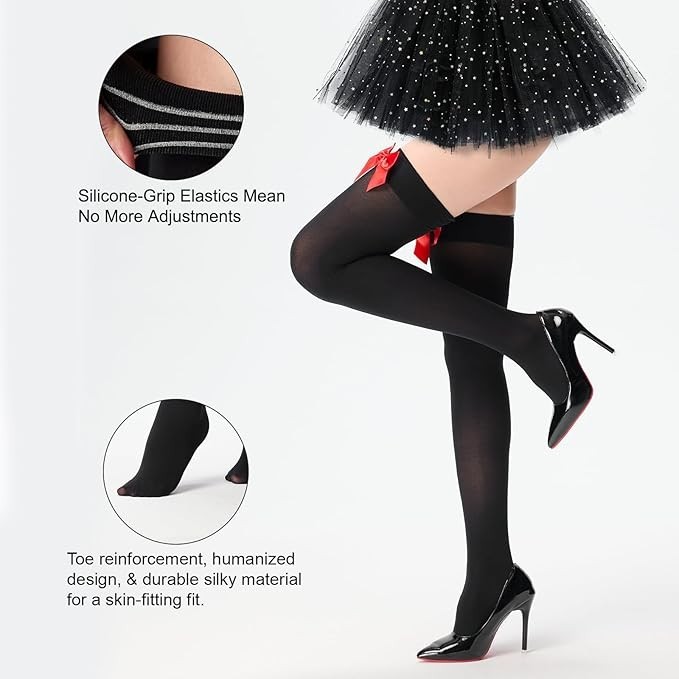 Women's thigh-high stockings with satin bows, snag-resistant, knee-high socks - Imagen 3