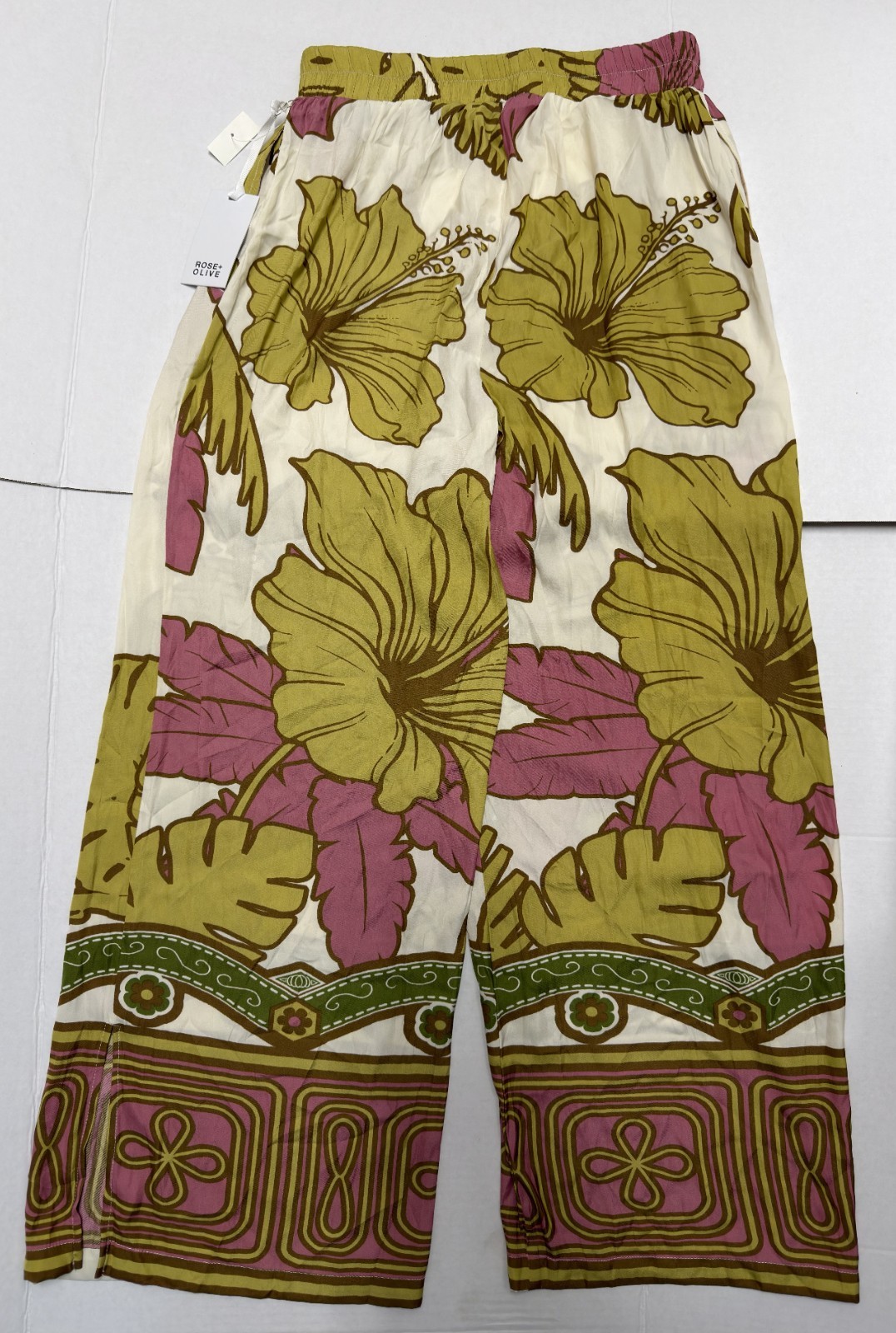 Rose & Olive Floral Sheer Wide Leg Pants Womens Size Small Green Drawstring