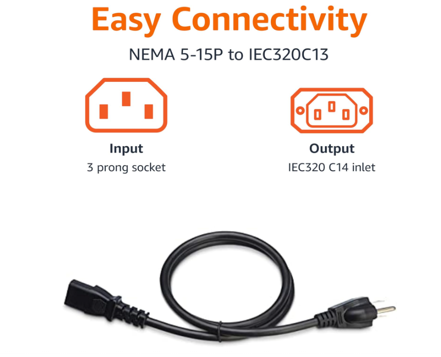 Power cord, 6ft, 10A, 125V, black, 3-prong, AC power cord for electronics