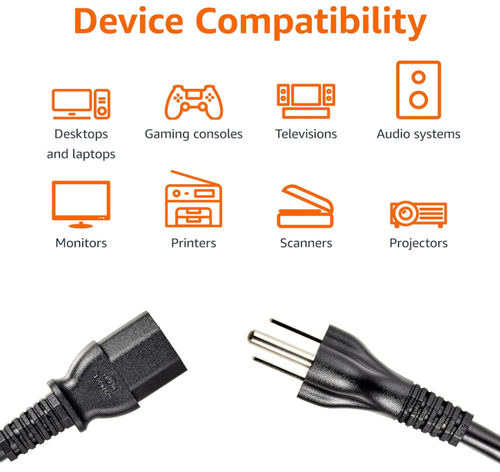 Power cord, 6ft, 10A, 125V, black, 3-prong, AC power cord for electronics - Imagen 3