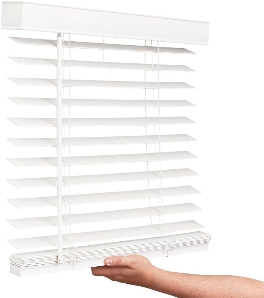 Cordless Faux Wood Blinds, 11"W x 72"L, Smooth, Snow White, 2" Horizontal Slats