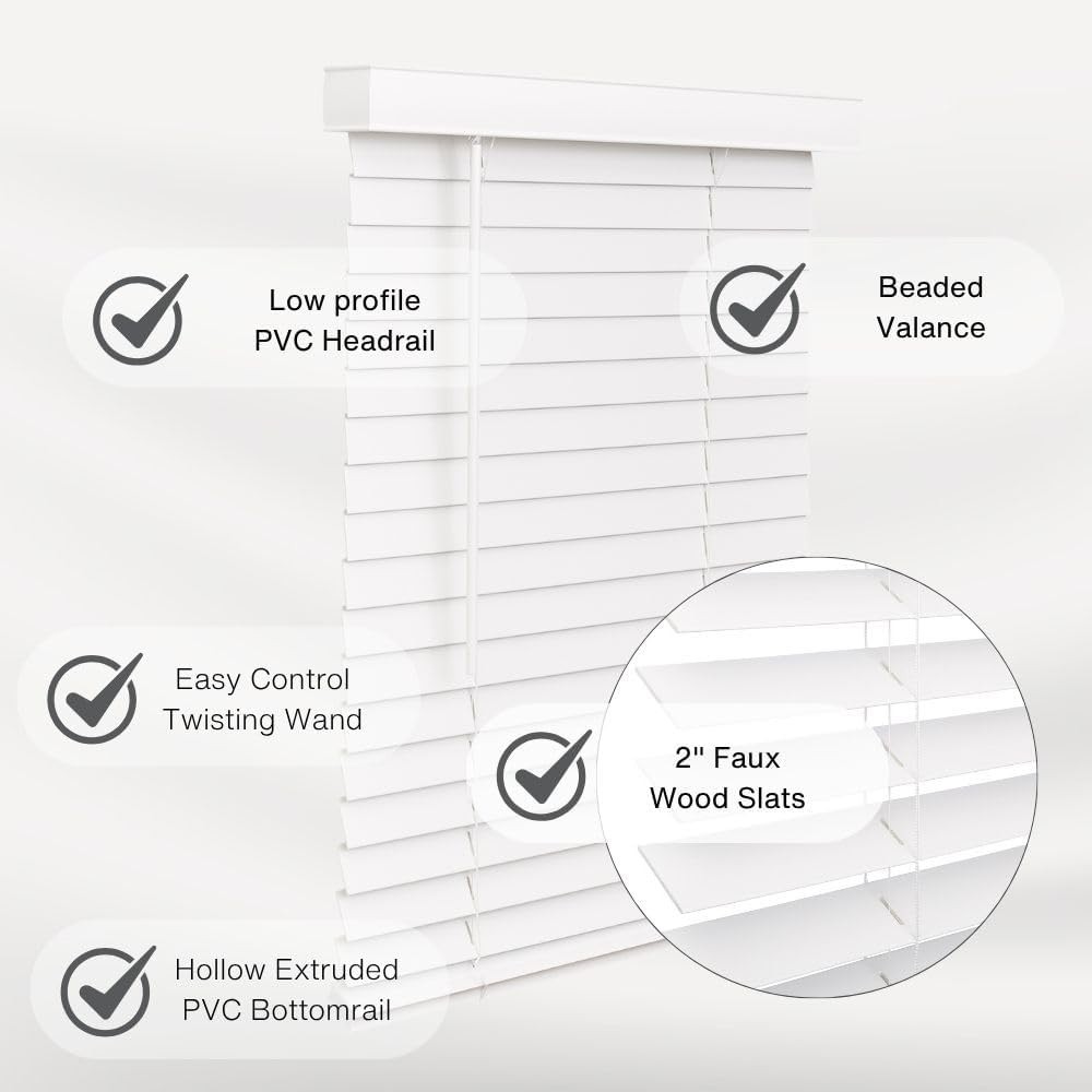 Cordless Faux Wood Blinds, 11″W x 72″L, Smooth, Snow White, 2″ Horizontal Slats