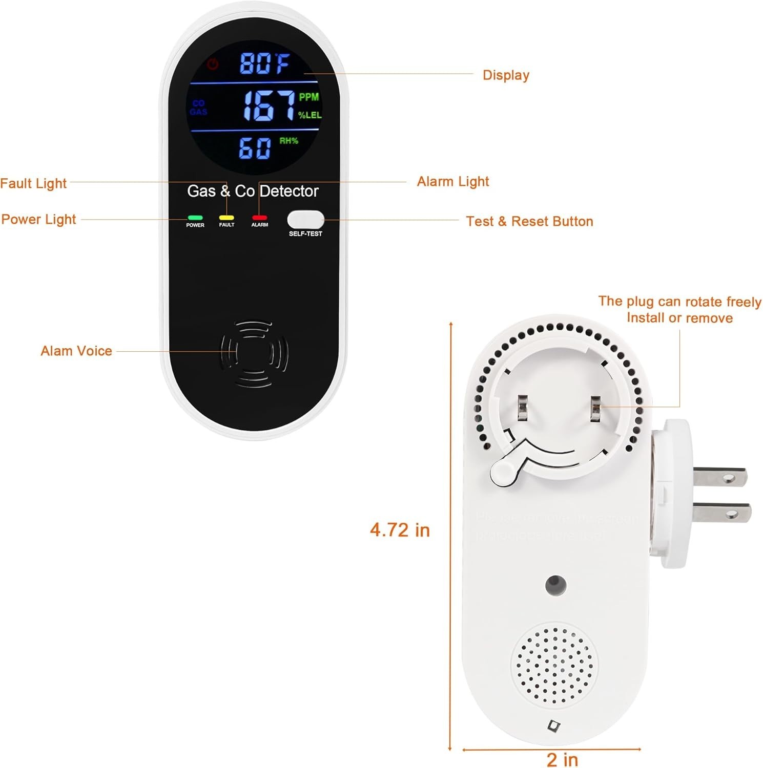 Explosive Gas and Carbon Monoxide Detectors, Plug-in 4 in 1 Alarm & Gas Detector