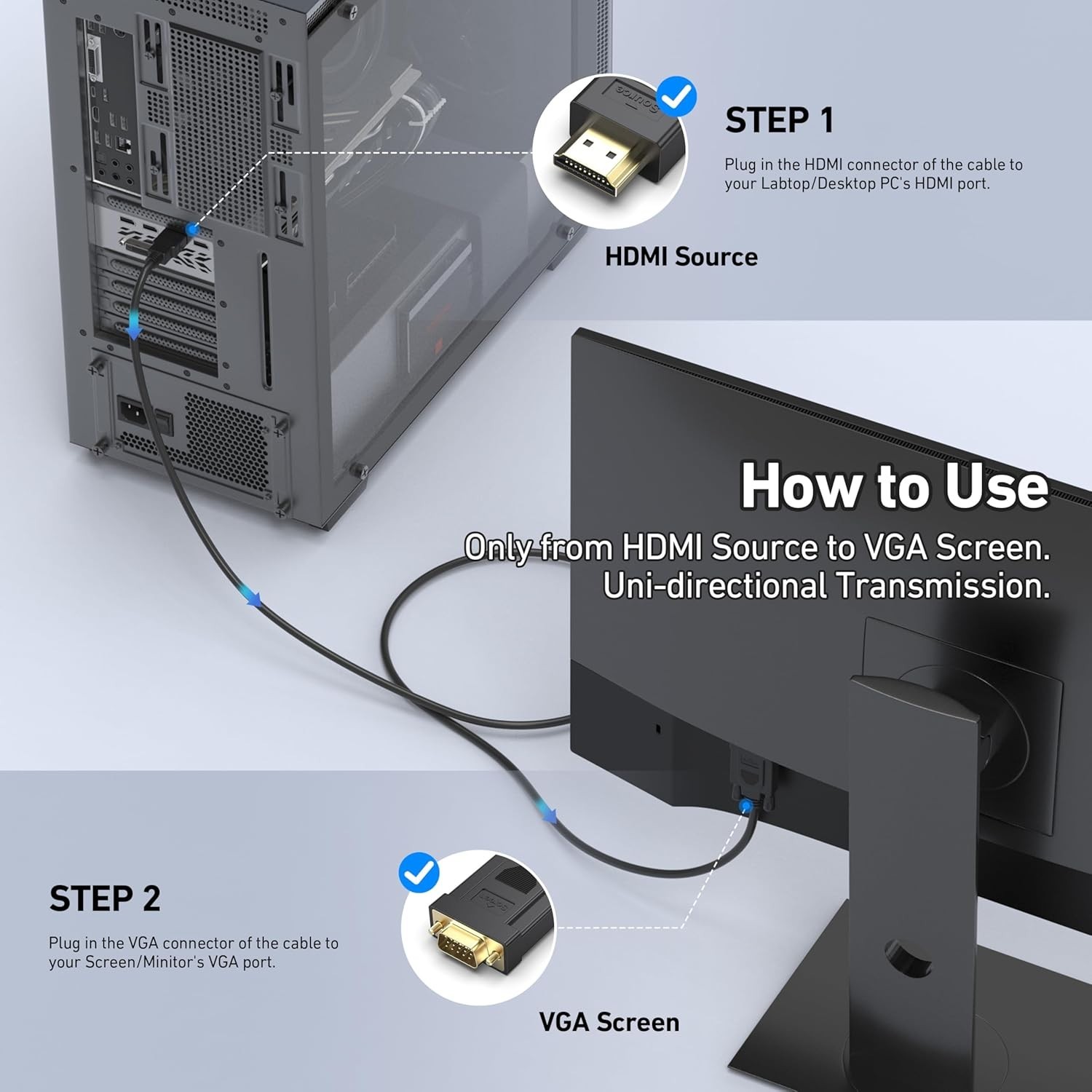 HDMI to VGA Cable Adapter Converter for HDTV PC Desktop Monitor Laptop 4K Video - Imagen 4