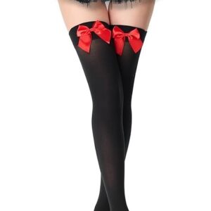Women's thigh-high stockings with satin bows, snag-resistant, knee-high socks