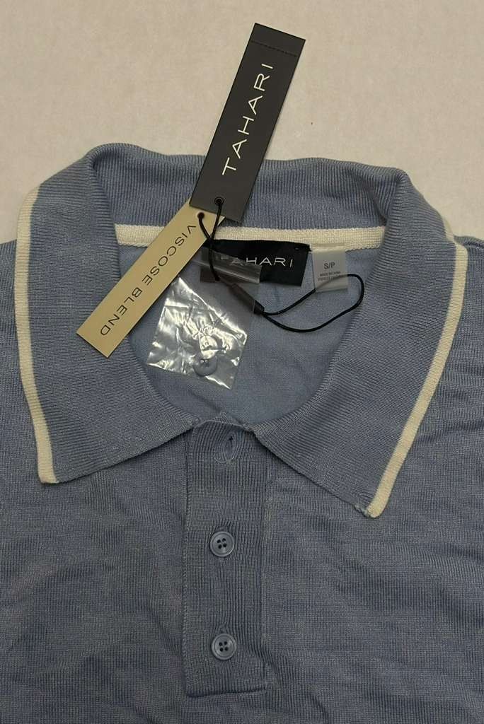 Tahari Light Gray Polo Shirt Cream Trim Short Sleeve Womens Small - Image 3