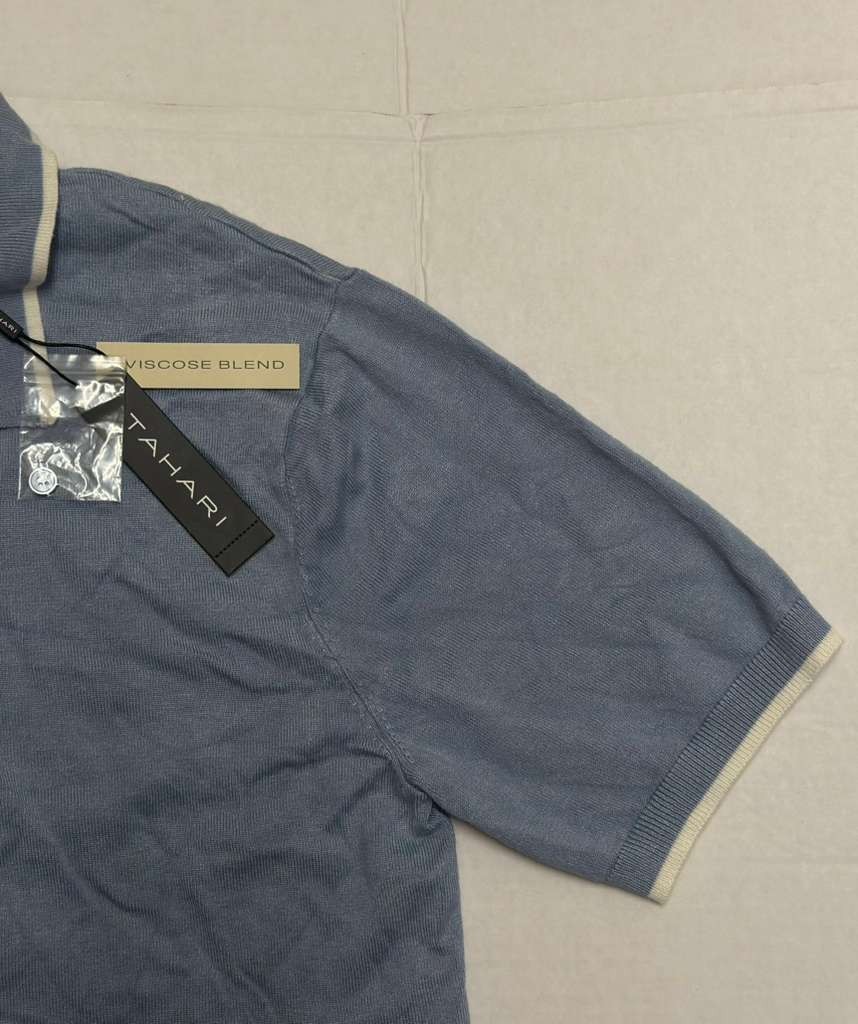 Tahari Light Gray Polo Shirt Cream Trim Short Sleeve Womens Small - Image 4