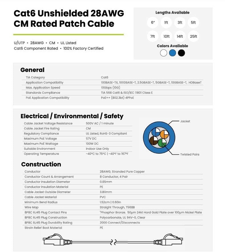 Cat.6A Ethernet Patch Blue & Withe Cable Slim 28AWG Copper RJ-45 LAN Network - Image 14