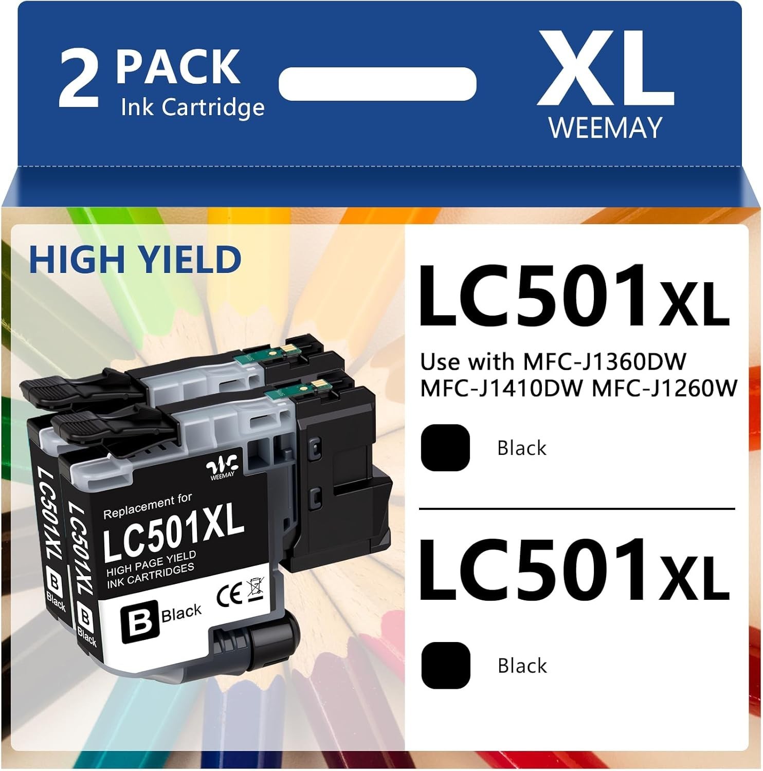 Weemay LC501XL Black Ink Cartridge 2-Pack Compatible with Brother MFC-J Series