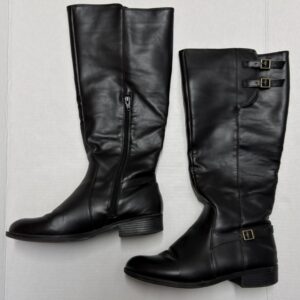 Womens Black Leather Boots Size 9.5 Buckle Side Zipper Low Heel Casual