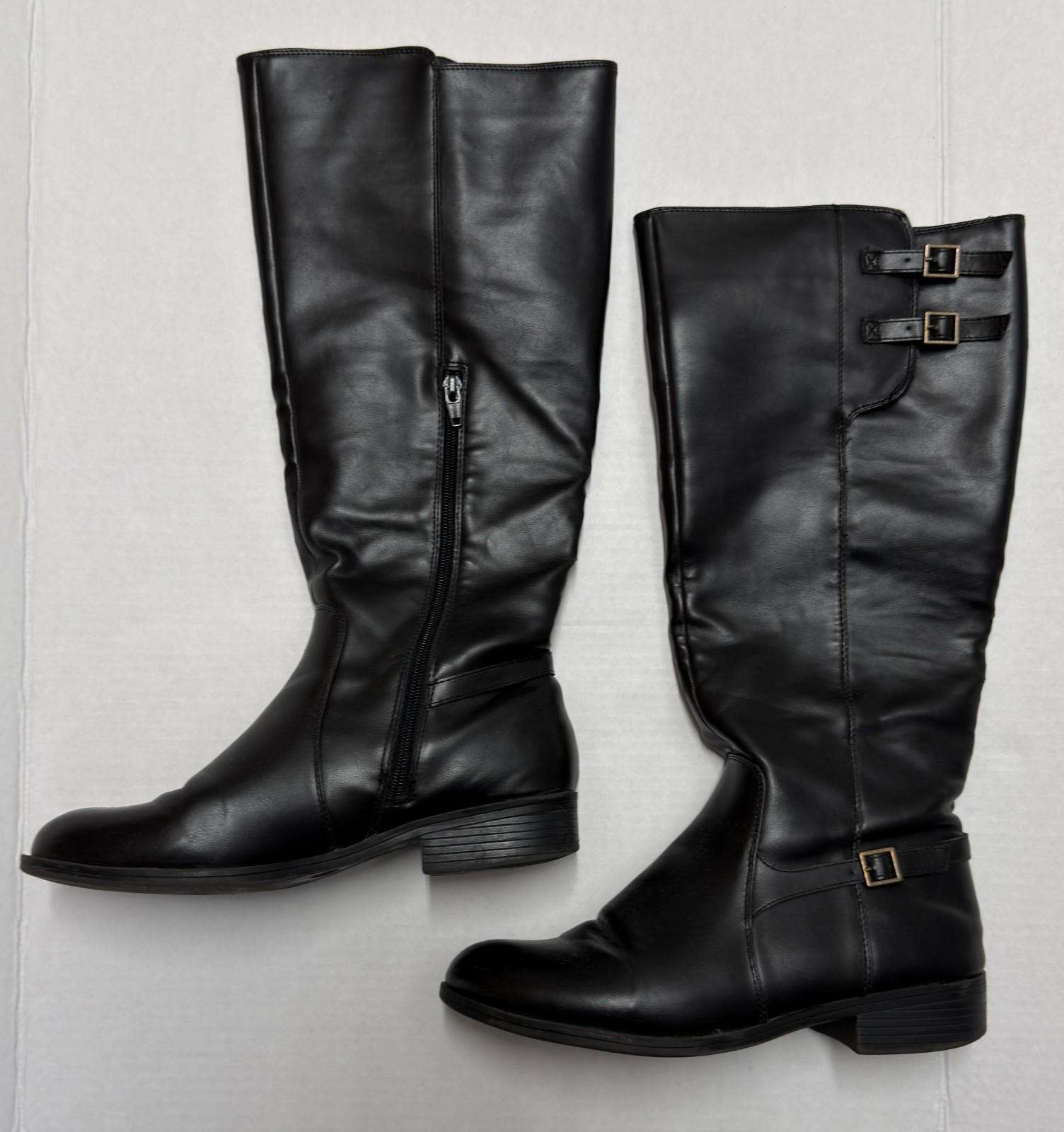 Womens Black Leather Boots Size 9.5 Buckle Side Zipper Low Heel Casual