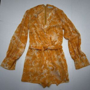 GUESS Womens Orange White Floral Wrap Romper Belted Long Sleeve XS
