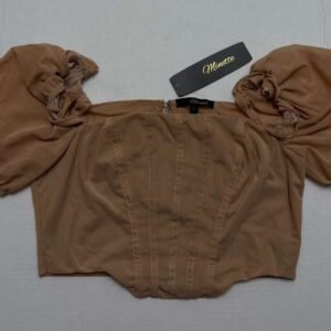 Minette Womens Brown Off Shoulder Crop Top Puff Sleeve Zipper Size M Stylish