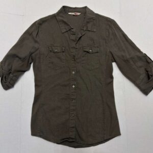 CI SONO Womens Olive Green Linen Cargo Shirt Roll Tab 3/4 Sleeve Size S
