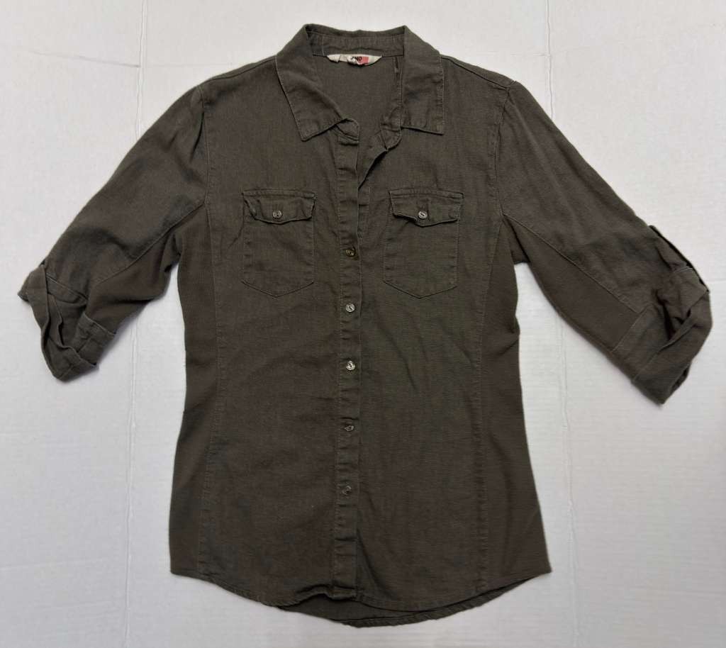 CI SONO Womens Olive Green Linen Cargo Shirt Roll Tab 3/4 Sleeve Size S