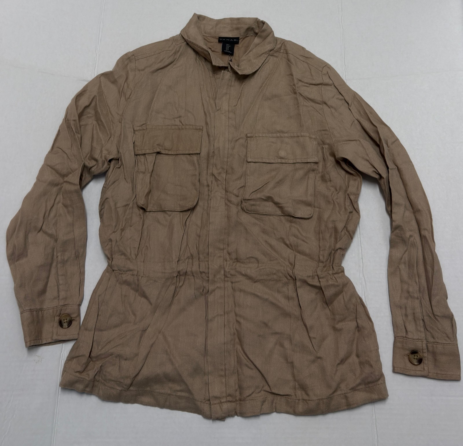 Tahari Womens S Long Sleeve Button Front Shirt Jacket Light Brown Beige Casual