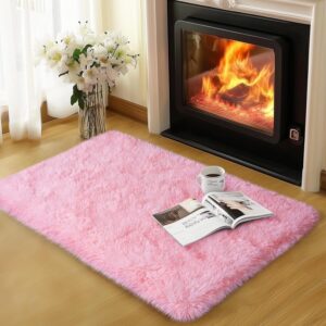 Qulint Pink Bedroom Rug 2x1.2FT Fluffy Soft Shag Area Rug Kids Girls Room