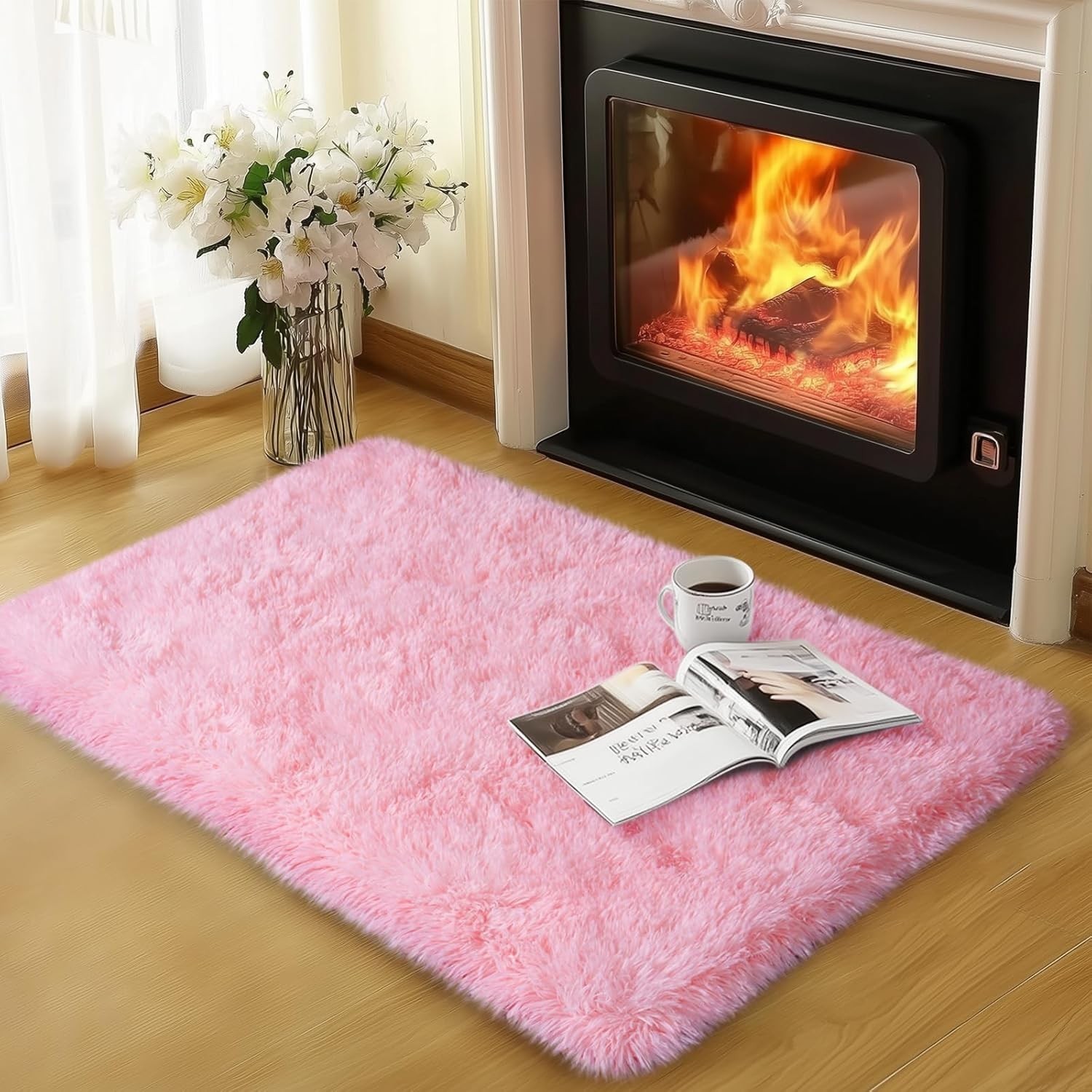 Qulint Pink Bedroom Rug 2x1.2FT Fluffy Soft Shag Area Rug Kids Girls Room
