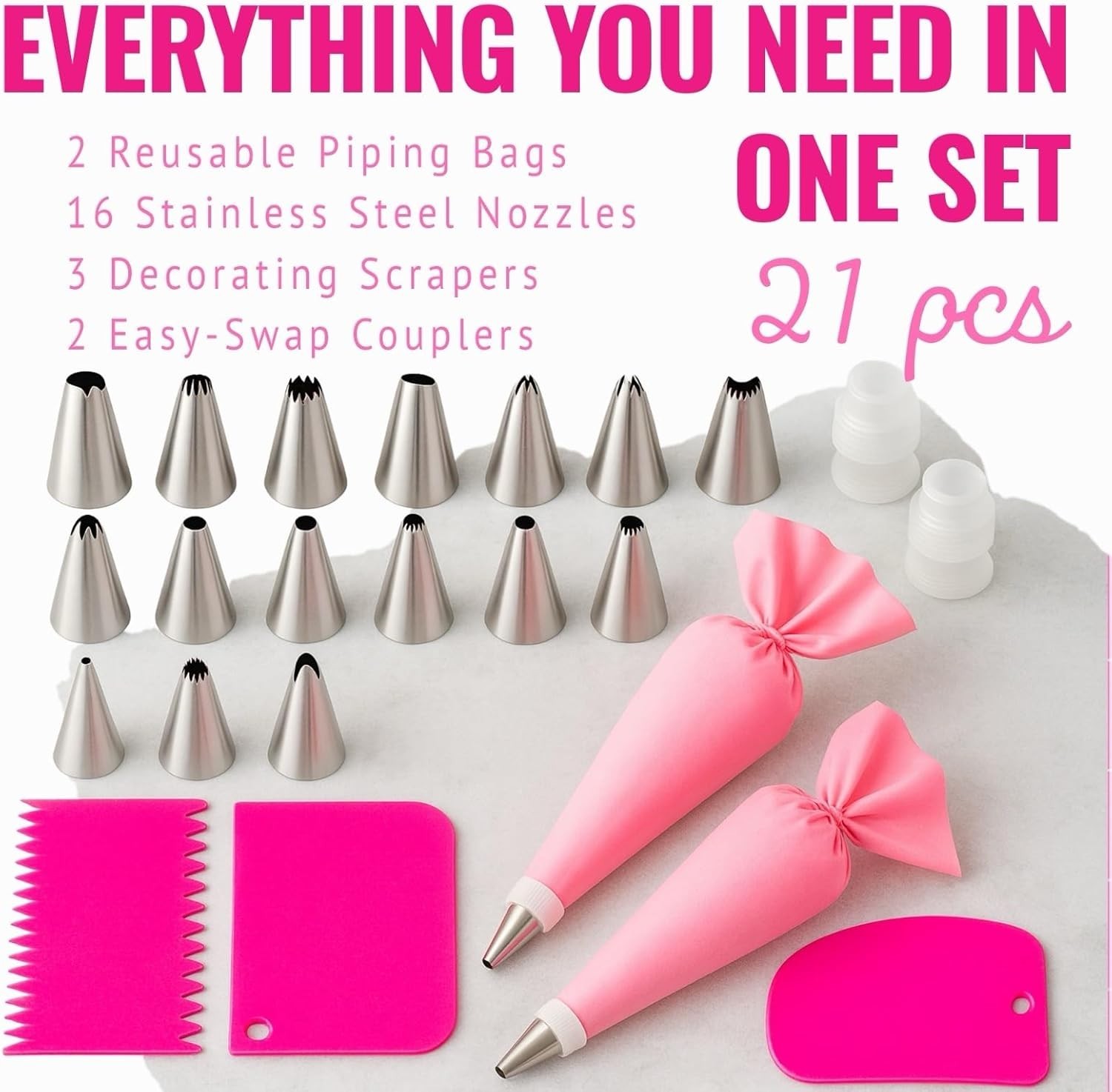 21PCS Cake Decorating Supplies Kit Reusable Piping Bags Tips Nozzles Scrapers - Image 5