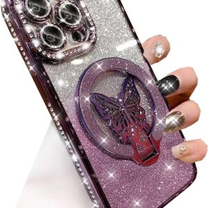 Changjia Magnetic Glitter Case for iPhone 16 Pro MagSafe Butterfly Stand Purple
