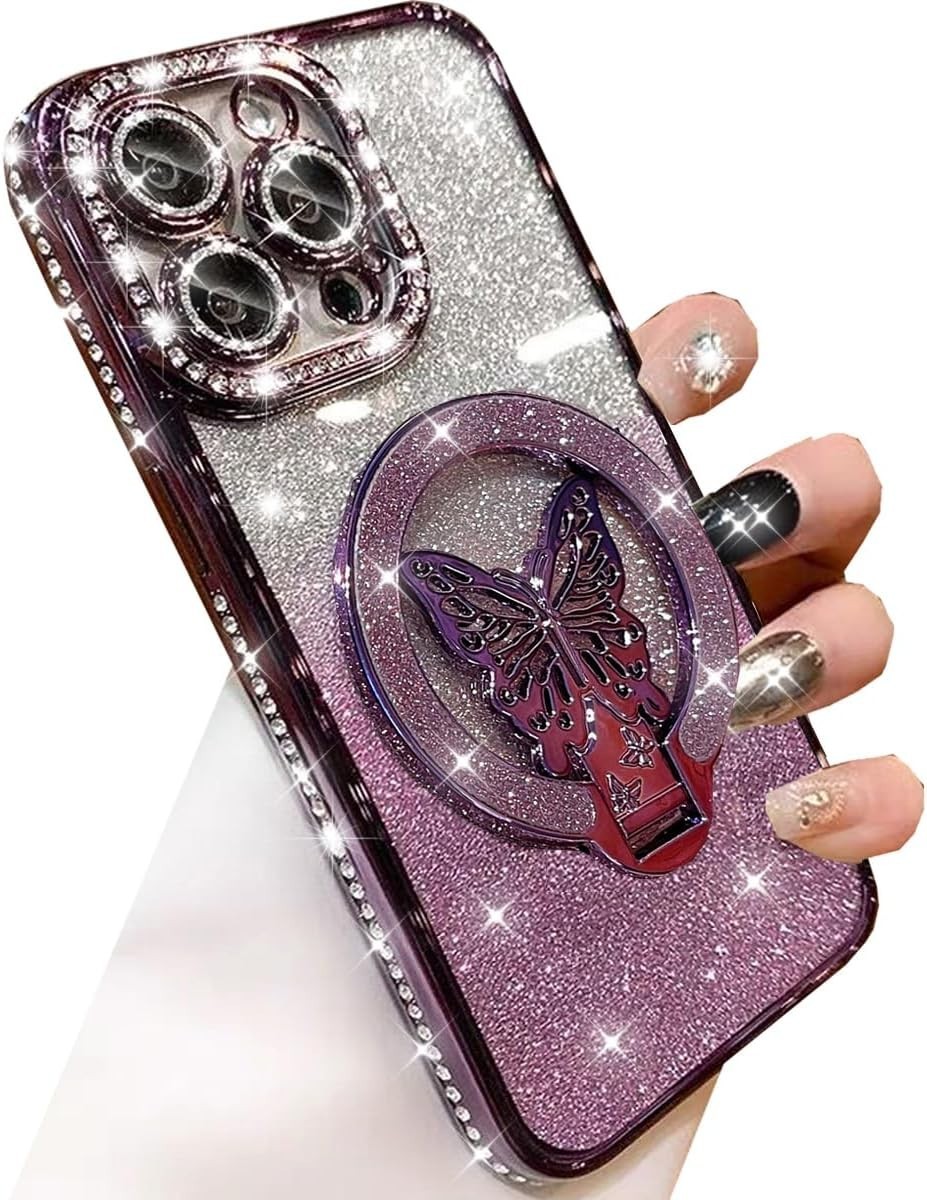 Changjia Magnetic Glitter Case for iPhone 16 Pro MagSafe Butterfly Stand Purple