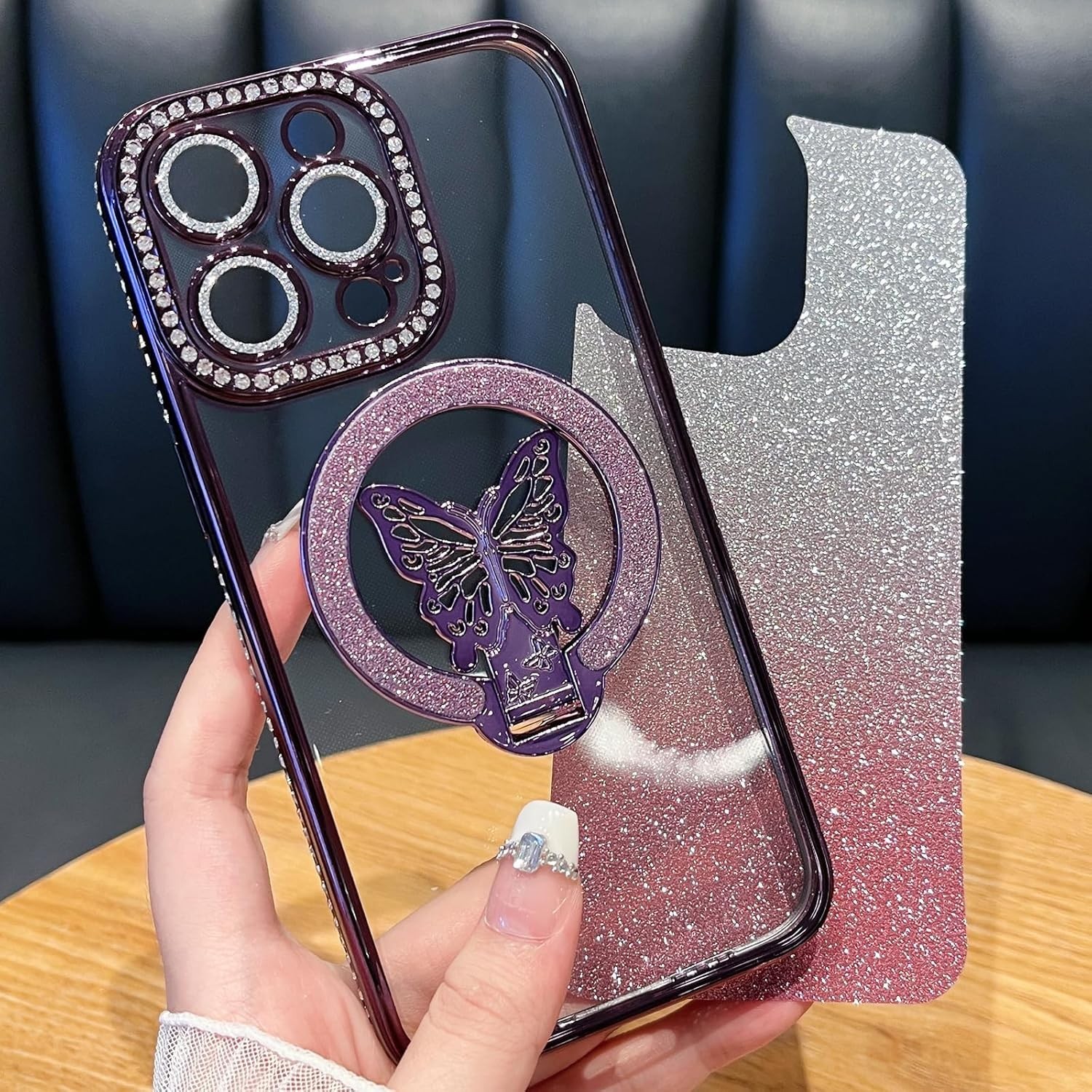 Changjia Magnetic Glitter Case for iPhone 16 Pro MagSafe Butterfly Stand Purple - Image 6