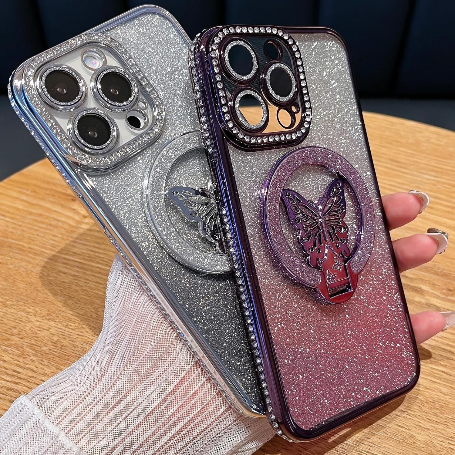 Changjia Magnetic Glitter Case for iPhone 16 Pro MagSafe Butterfly Stand Purple - Image 7