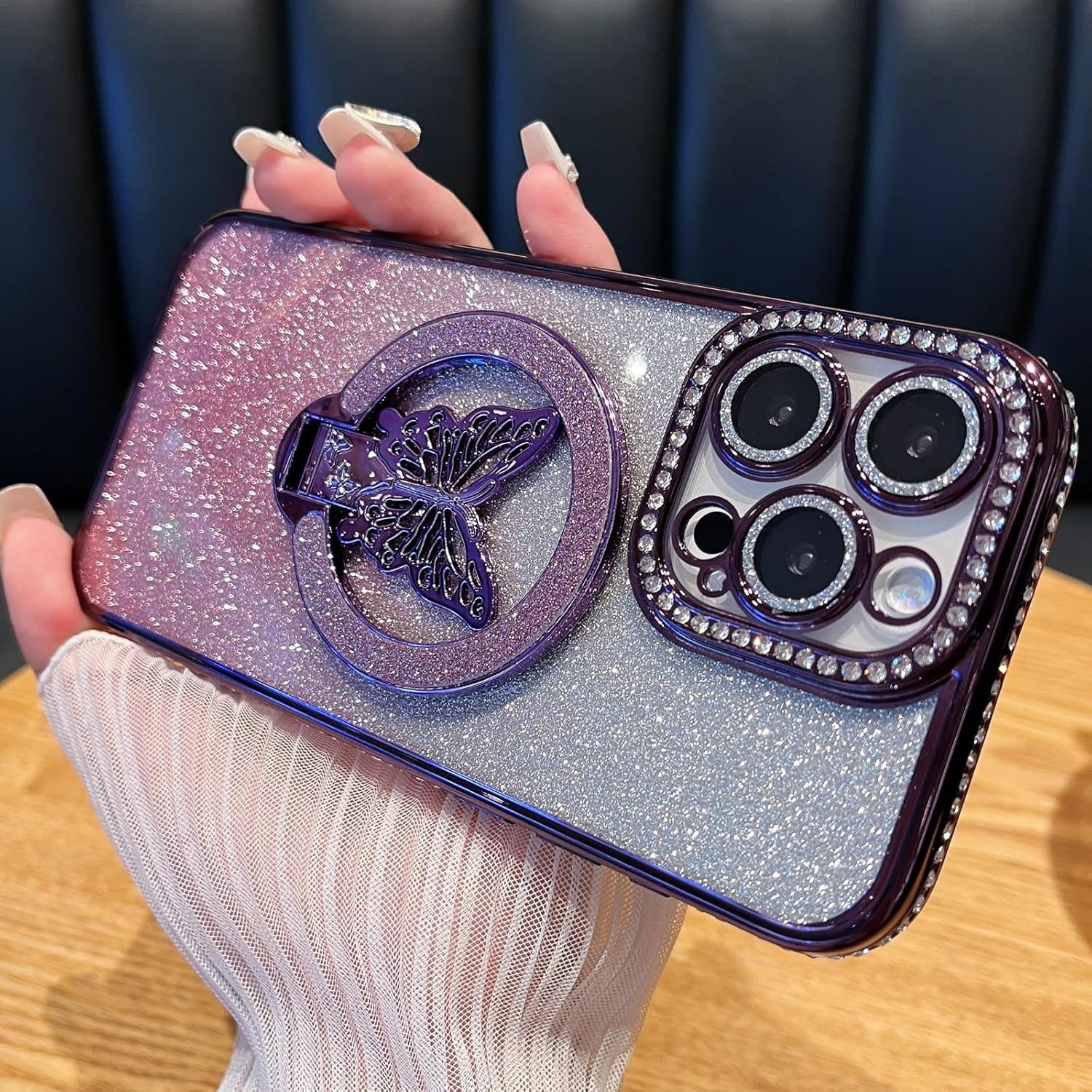 Changjia Magnetic Glitter Case for iPhone 16 Pro MagSafe Butterfly Stand Purple - Image 8