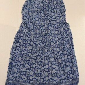Womens Linen Blend Sleeveless Dress Blue Floral Print Tie Neck Gathered Waist L