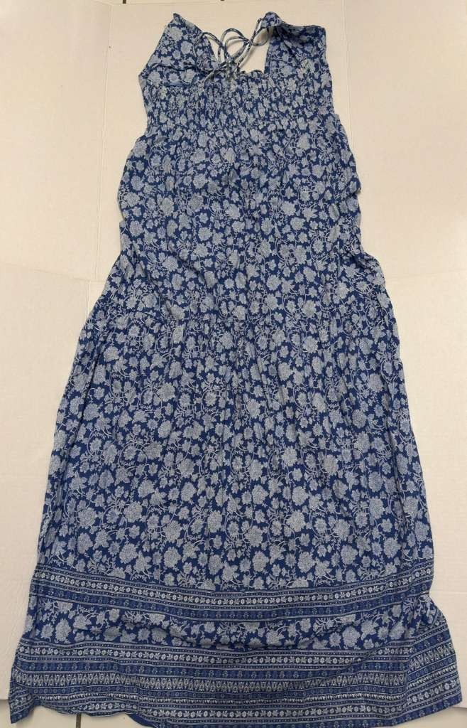 Womens Linen Blend Sleeveless Dress Blue Floral Print Tie Neck Gathered Waist L