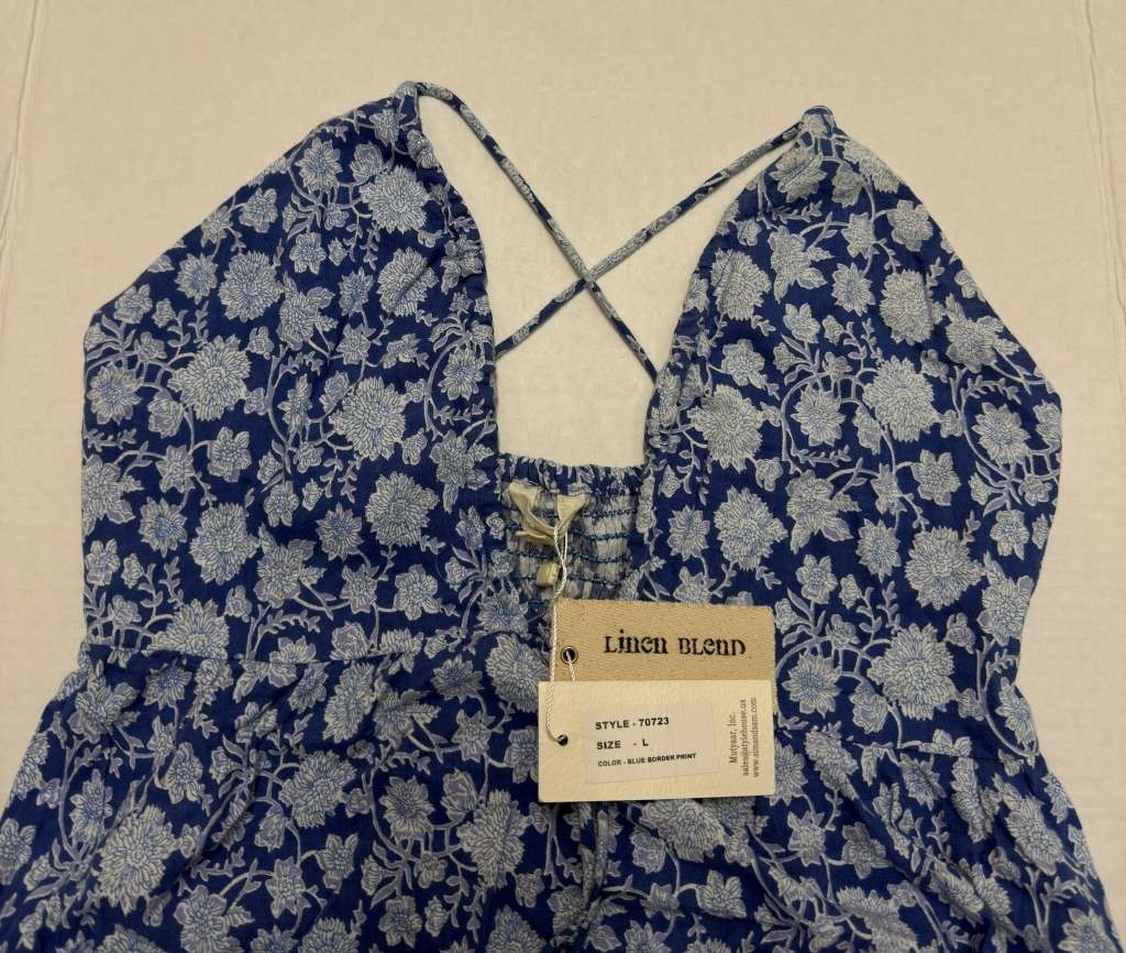 Womens Linen Blend Sleeveless Dress Blue Floral Print Tie Neck Gathered Waist L - Image 2