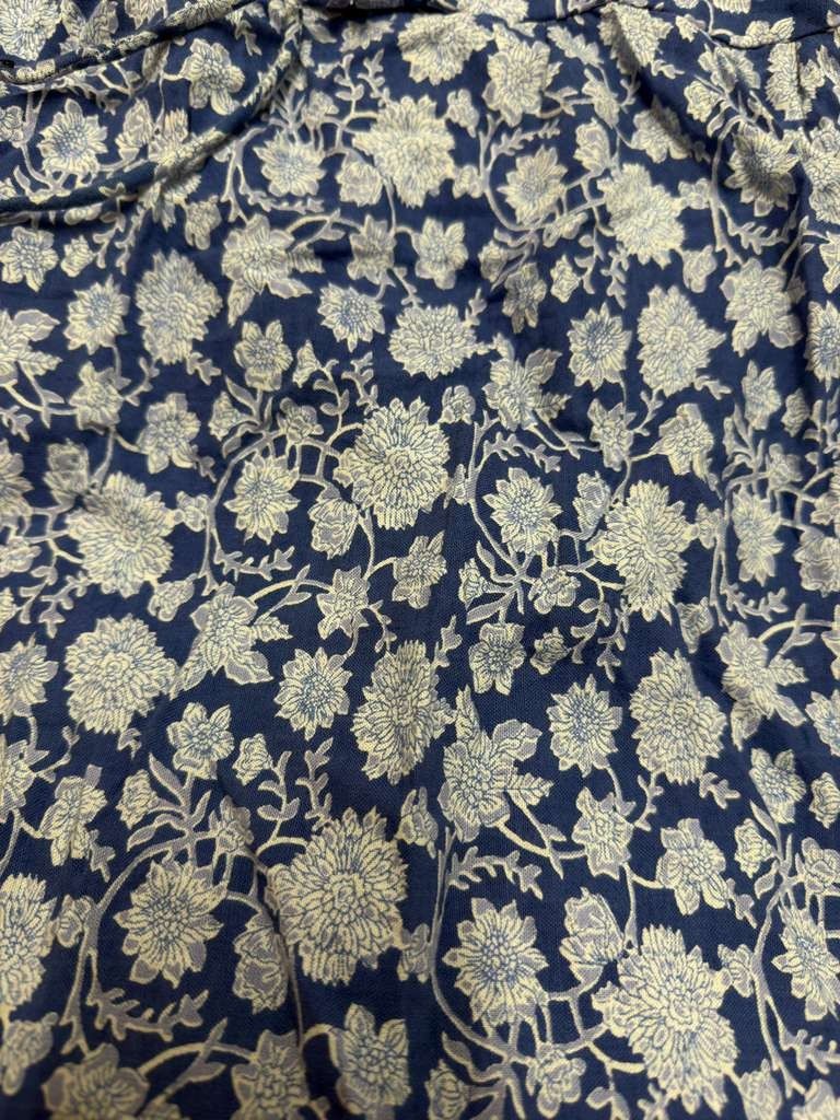 Womens Linen Blend Sleeveless Dress Blue Floral Print Tie Neck Gathered Waist L - Image 3