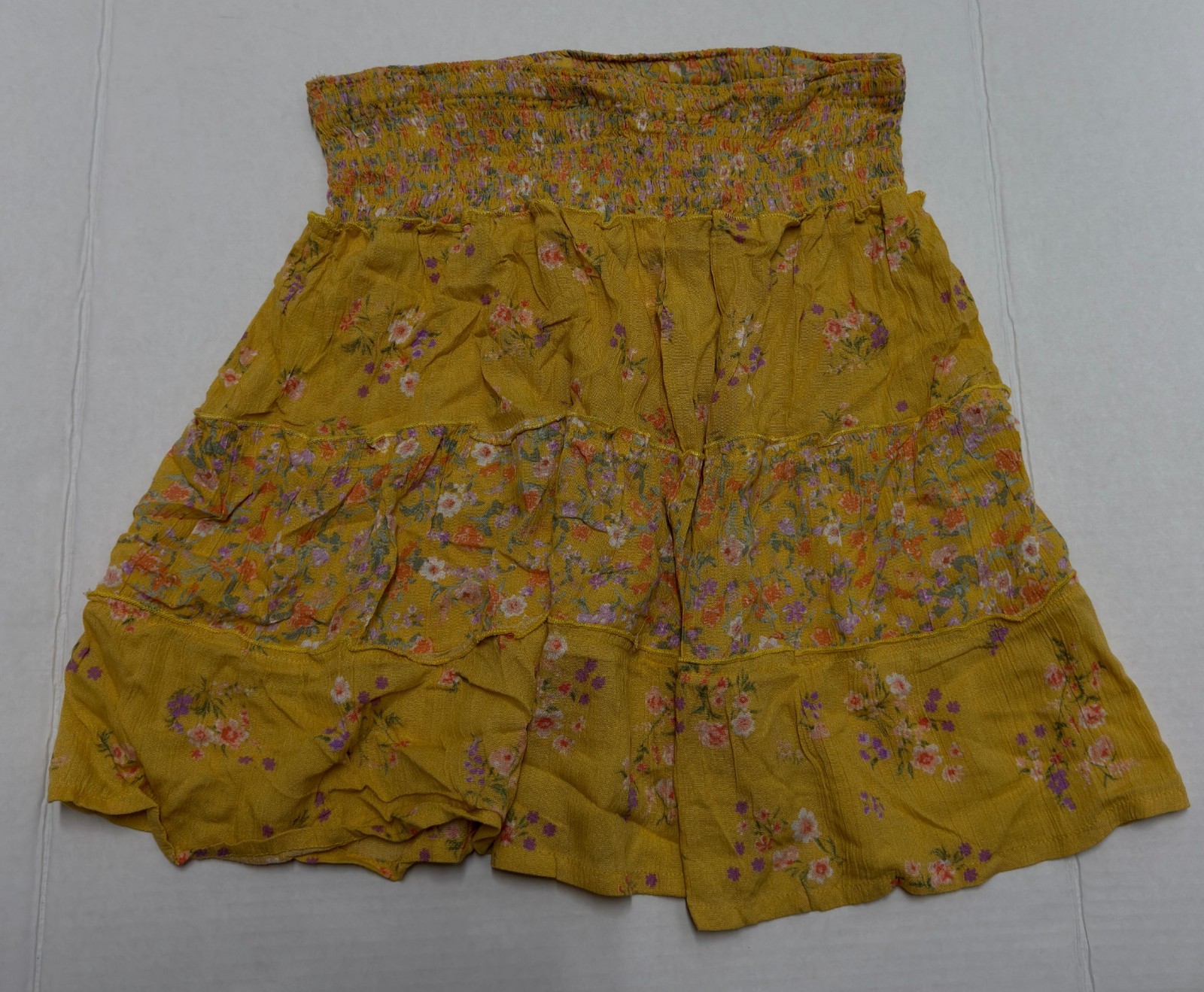 Pink Rose Womens Yellow Floral Linen Blend Skirt Size L Elastic Waist Casual