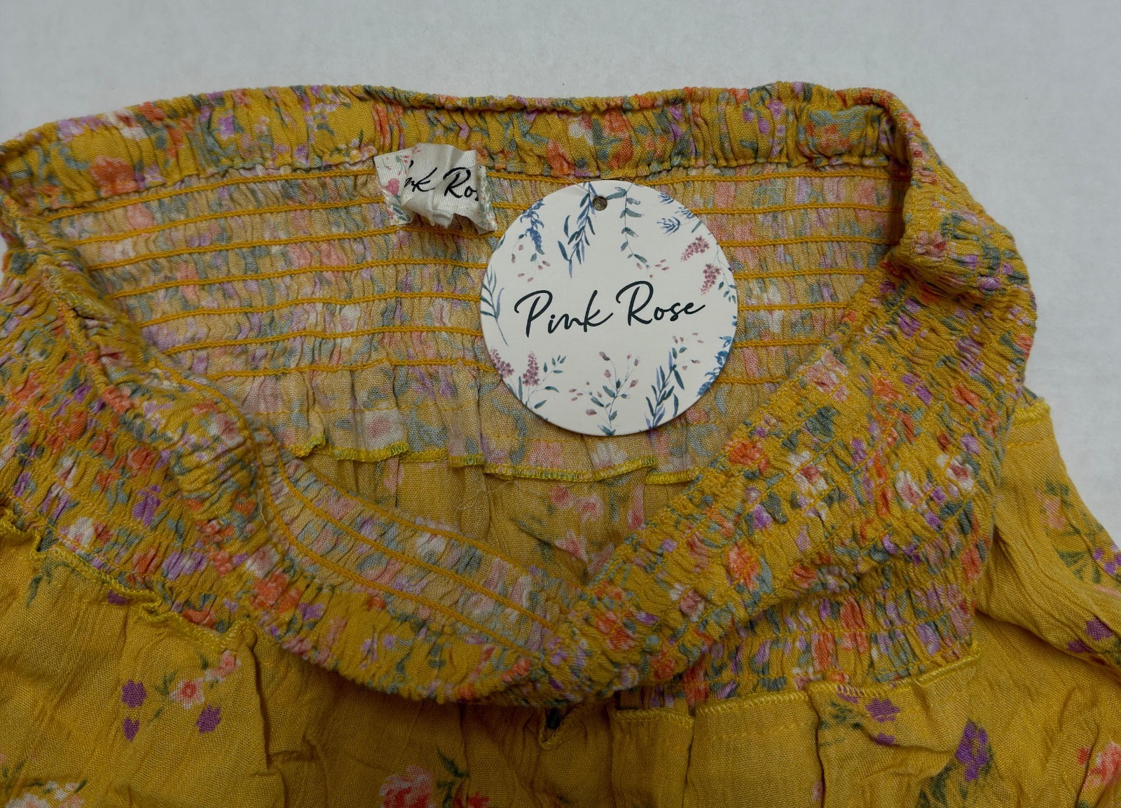 Pink Rose Womens Yellow Floral Linen Blend Skirt Size L Elastic Waist Casual - Image 3