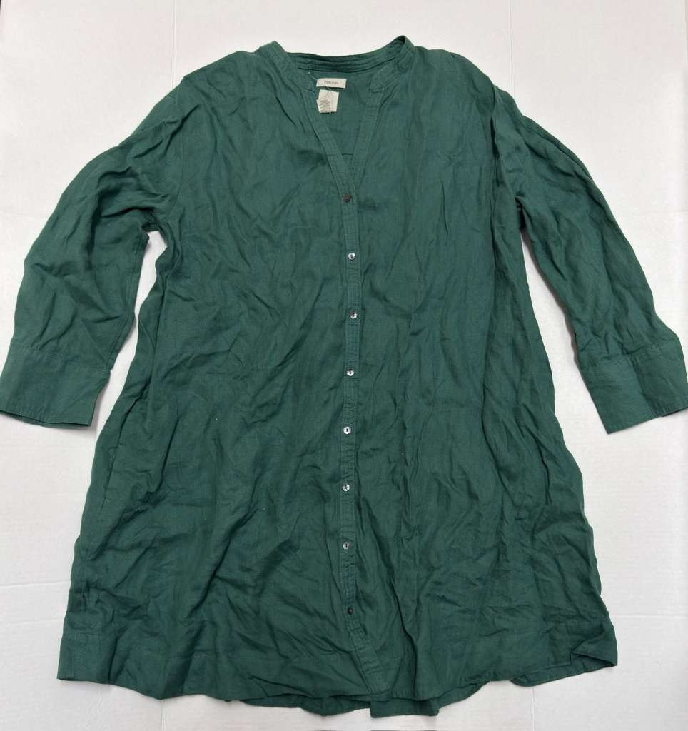 Joie Womens Large Green Linen Button Front Shirt 3/4 Sleeve V Neck Top