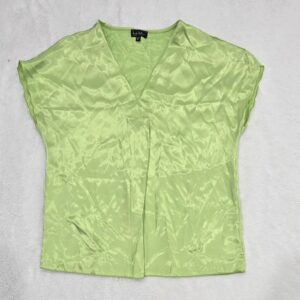 Nicole Miller NY Womens Green Satin V-Neck Blouse Short Sleeve Size M NWT