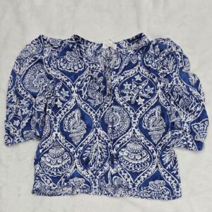 Ranna Gill Womens Blue White Paisley Floral Linen Blend Blouse Size S NWT