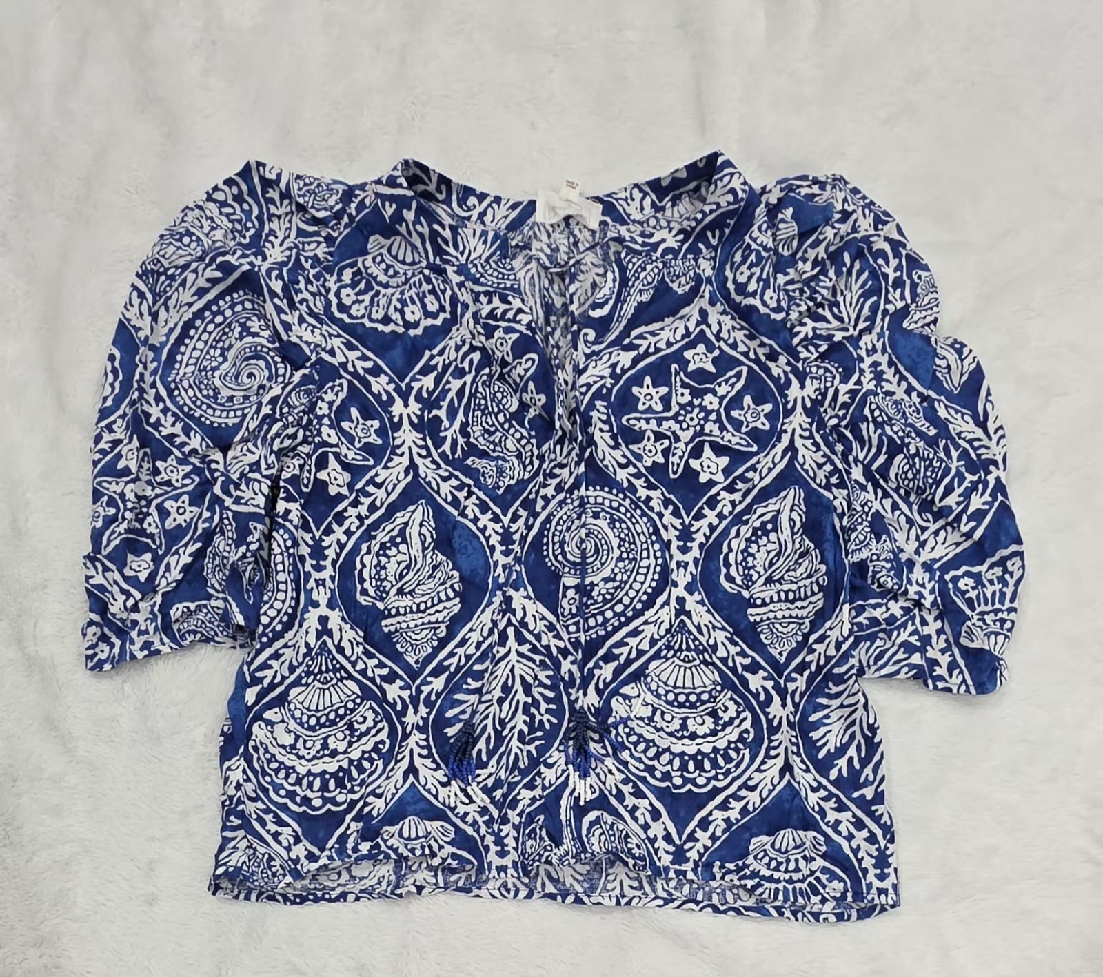 Ranna Gill Womens Blue White Paisley Floral Linen Blend Blouse Size S NWT