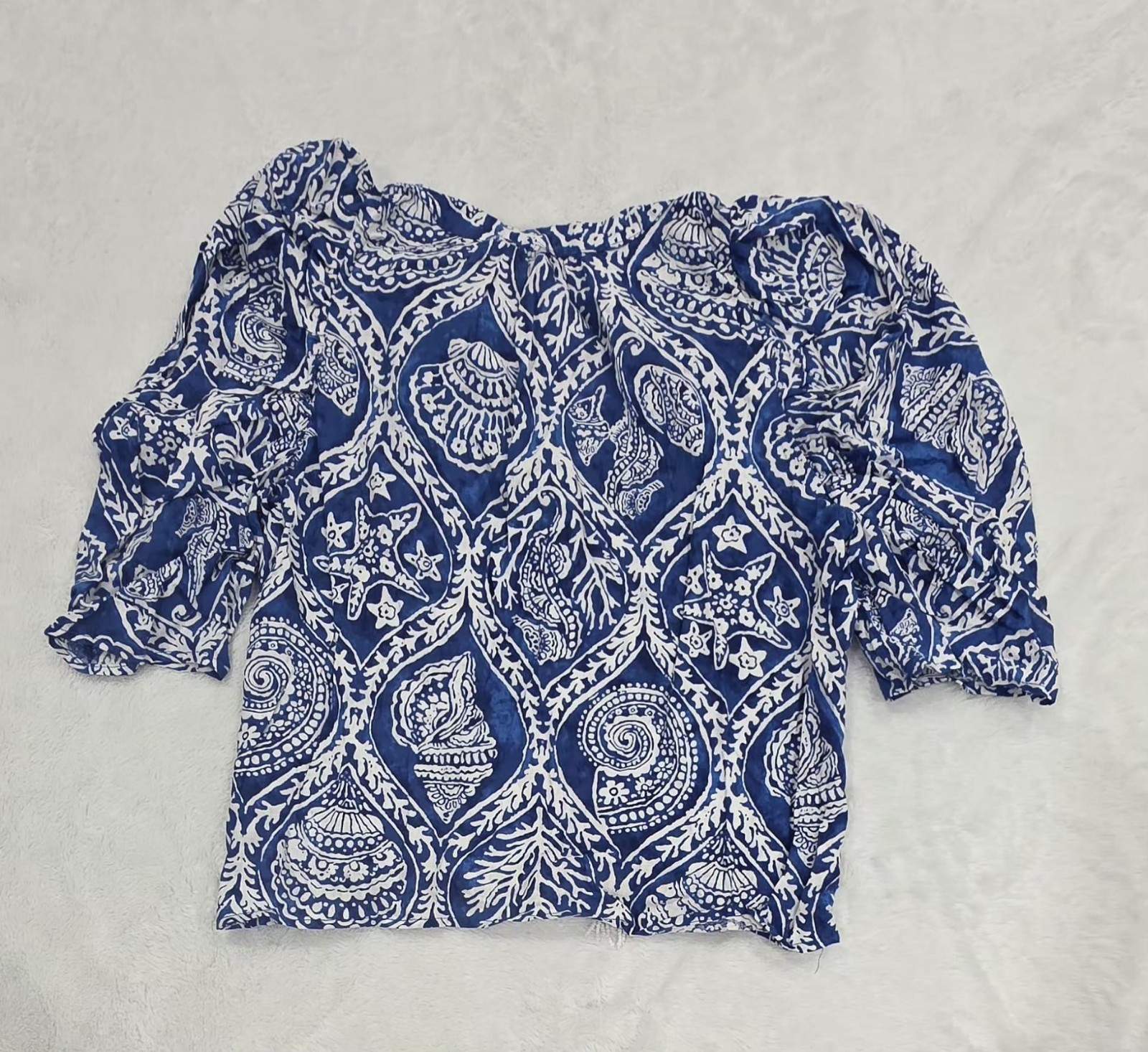 Ranna Gill Womens Blue White Paisley Floral Linen Blend Blouse Size S NWT - Image 2