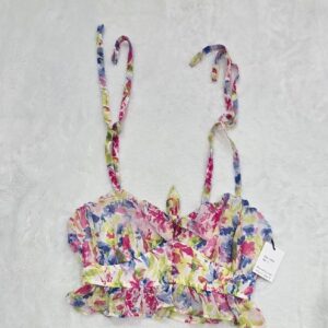Japan Womens Floral Crop Top Tie Straps Ruched Ruffle Hem Multicolor L NWT