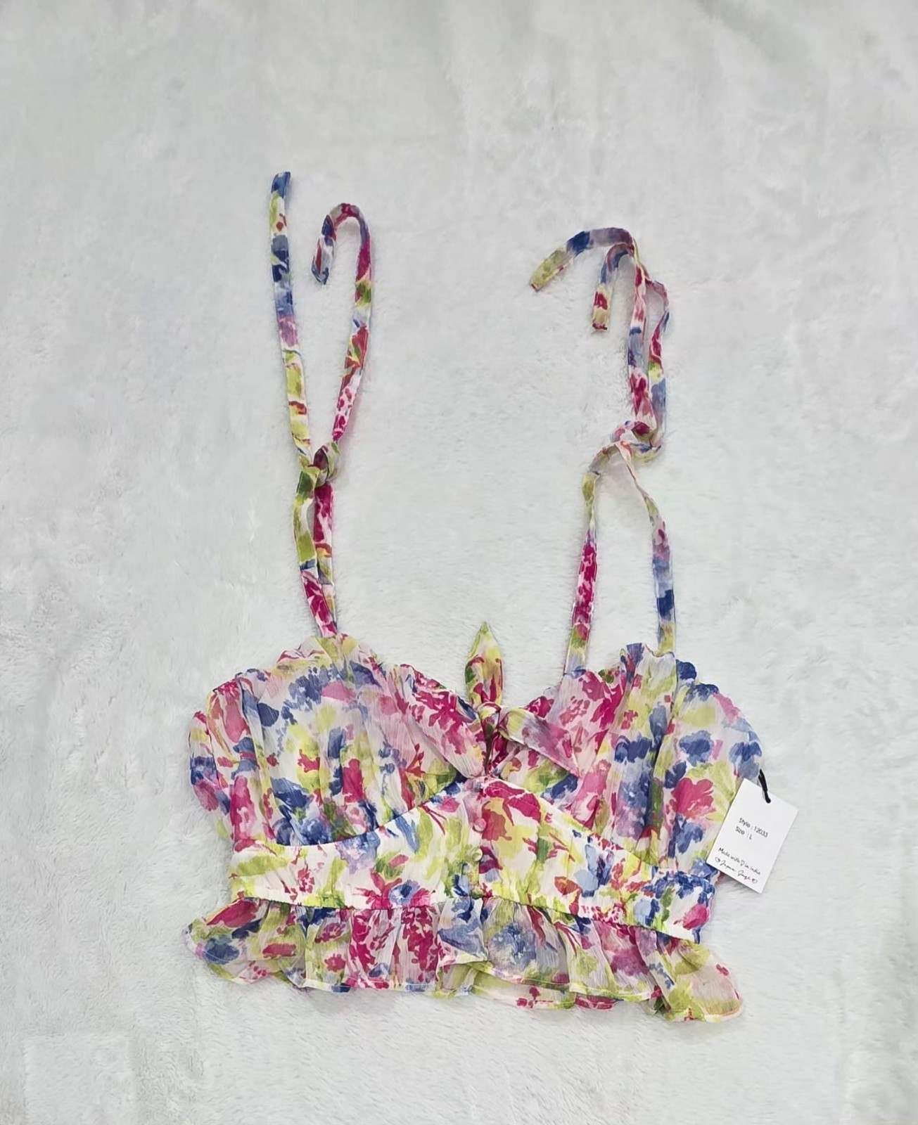 Japan Womens Floral Crop Top Tie Straps Ruched Ruffle Hem Multicolor L NWT